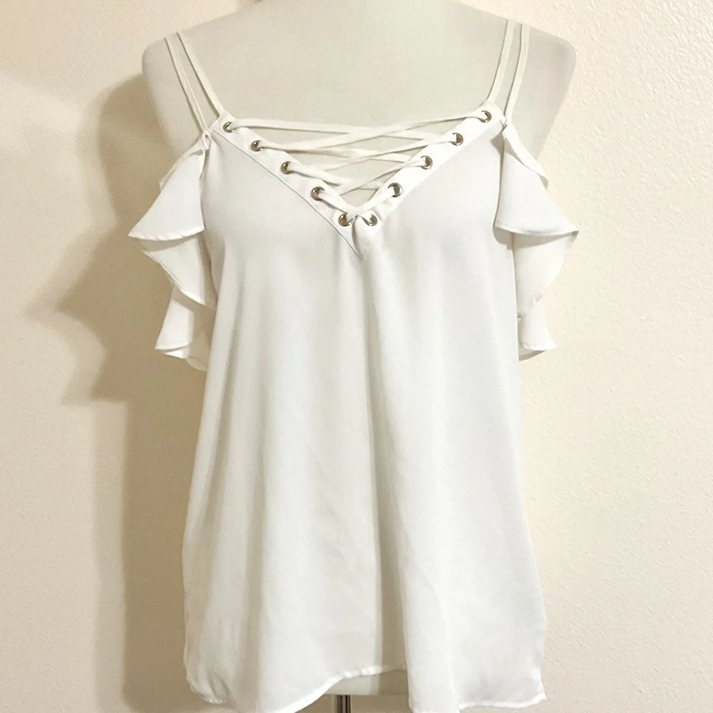 EXPRESS LACE UP RUFFLE CAMI Ivory M - Picture 4 of 10